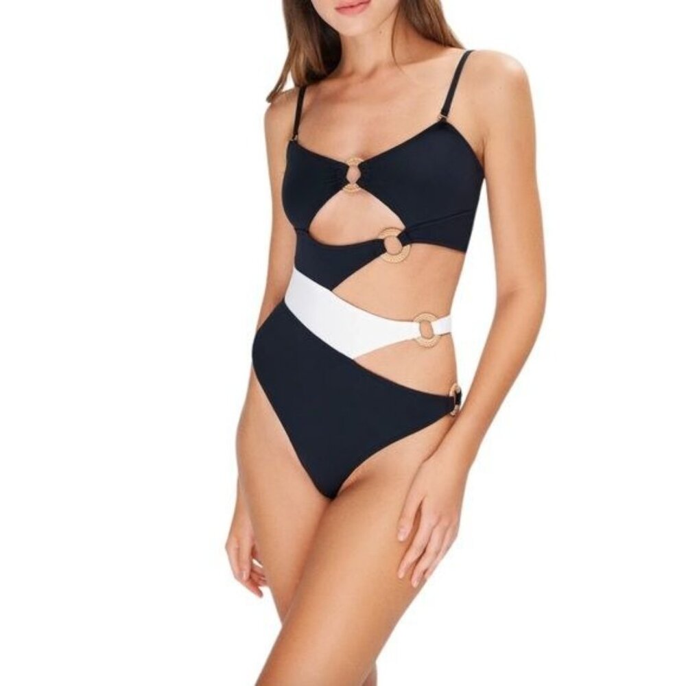 Revolve Normaillot Horizon Cut Out One Piece Swimsuit Jet Black and White NWT